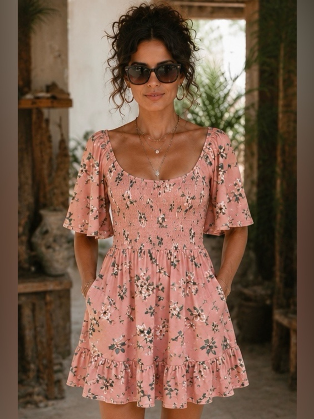 Torrid Pink Floral Smocked Mini Dress Size 1 100% Cotton with Pockets